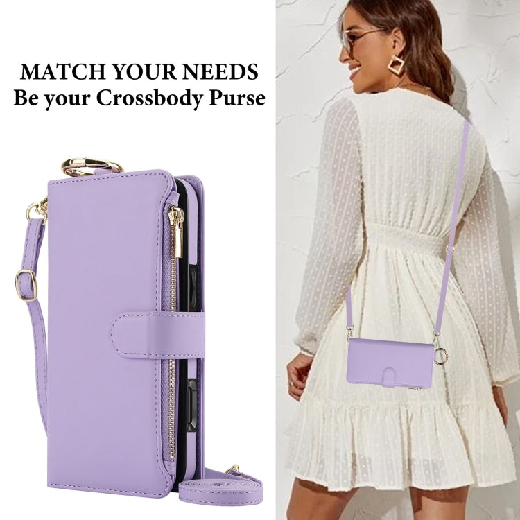 For iPhone 16 Plus Crossbody Ring Multifunctional Wallet Leather Phone Case(Purple)
