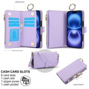 For iPhone 16 Plus Crossbody Ring Multifunctional Wallet Leather Phone Case(Purple)