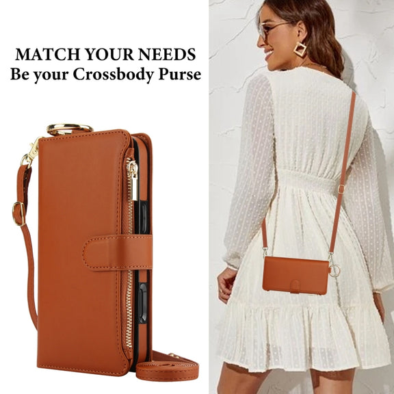 For iPhone 16 Plus Crossbody Ring Multifunctional Wallet Leather Phone Case(Brown)