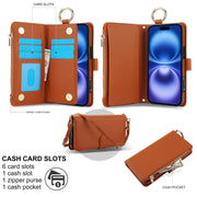 For iPhone 16 Plus Crossbody Ring Multifunctional Wallet Leather Phone Case(Brown)