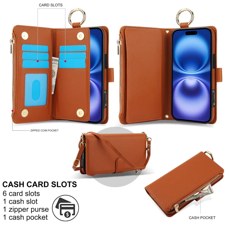 For iPhone 16 Plus Crossbody Ring Multifunctional Wallet Leather Phone Case(Brown)