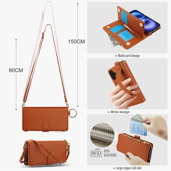 For iPhone 16 Plus Crossbody Ring Multifunctional Wallet Leather Phone Case(Brown)