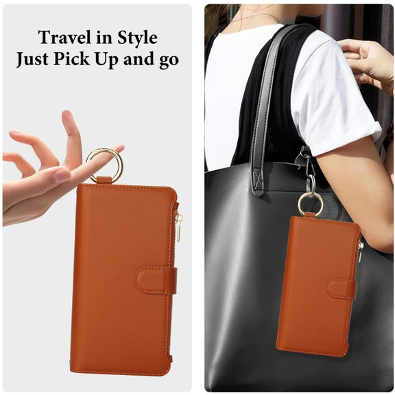For iPhone 16 Plus Crossbody Ring Multifunctional Wallet Leather Phone Case(Brown)