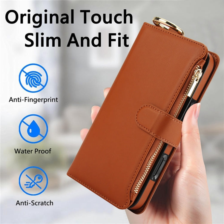 For iPhone 16 Plus Crossbody Ring Multifunctional Wallet Leather Phone Case(Brown)