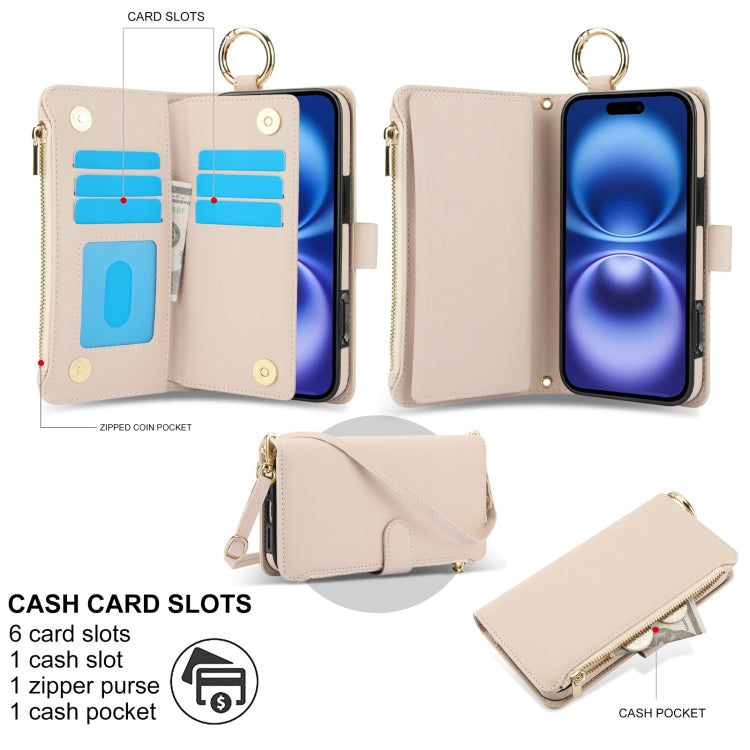 For iPhone 16 Crossbody Ring Multifunctional Wallet Leather Phone Case(White)
