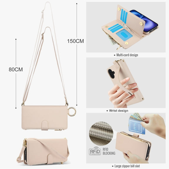 For iPhone 16 Crossbody Ring Multifunctional Wallet Leather Phone Case(White)