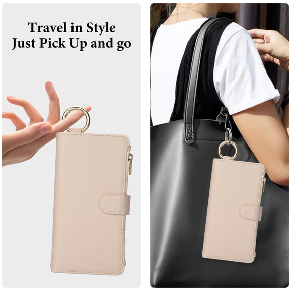 For iPhone 16 Crossbody Ring Multifunctional Wallet Leather Phone Case(White)