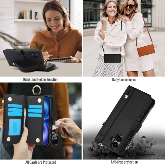 For iPhone 16 Crossbody Ring Multifunctional Wallet Leather Phone Case(Black)