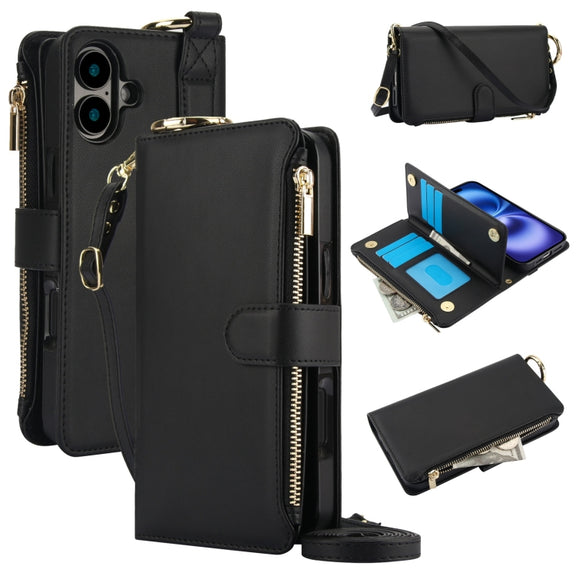 For iPhone 16 Crossbody Ring Multifunctional Wallet Leather Phone Case(Black)