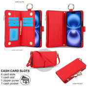 For iPhone 16 Crossbody Ring Multifunctional Wallet Leather Phone Case(Red)