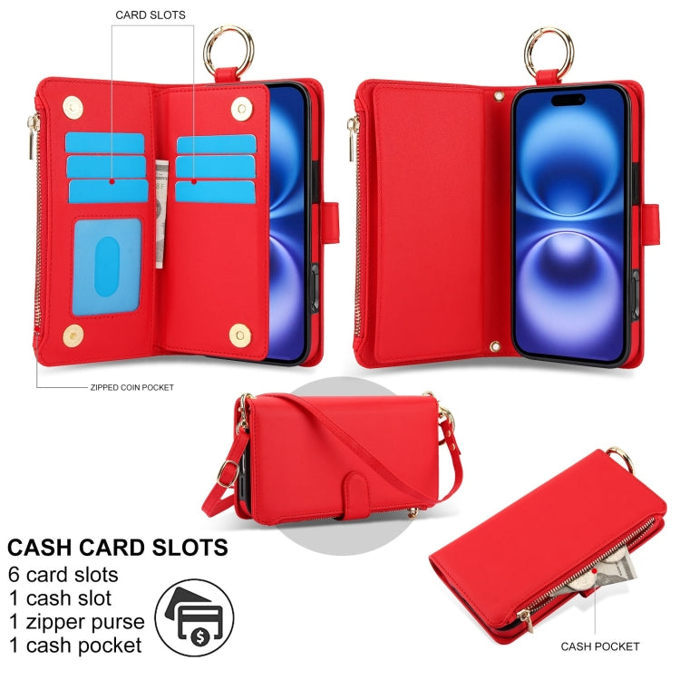 For iPhone 16 Crossbody Ring Multifunctional Wallet Leather Phone Case(Red)