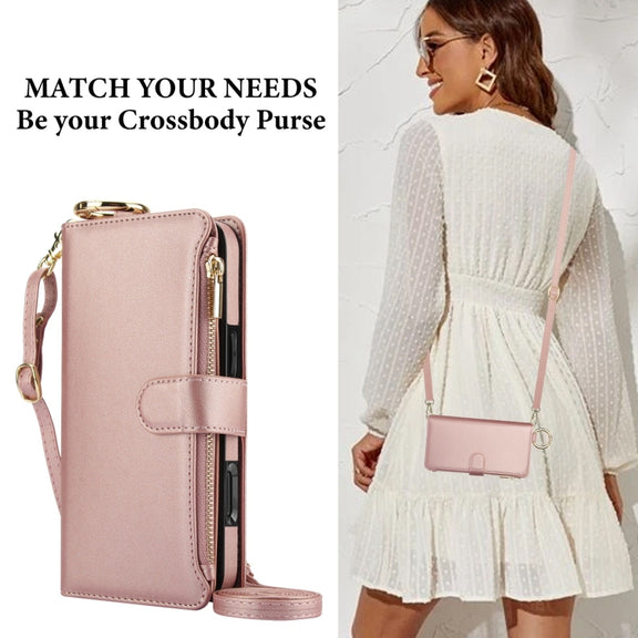 For iPhone 16 Crossbody Ring Multifunctional Wallet Leather Phone Case(Rose Gold)