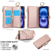 For iPhone 16 Crossbody Ring Multifunctional Wallet Leather Phone Case(Rose Gold)