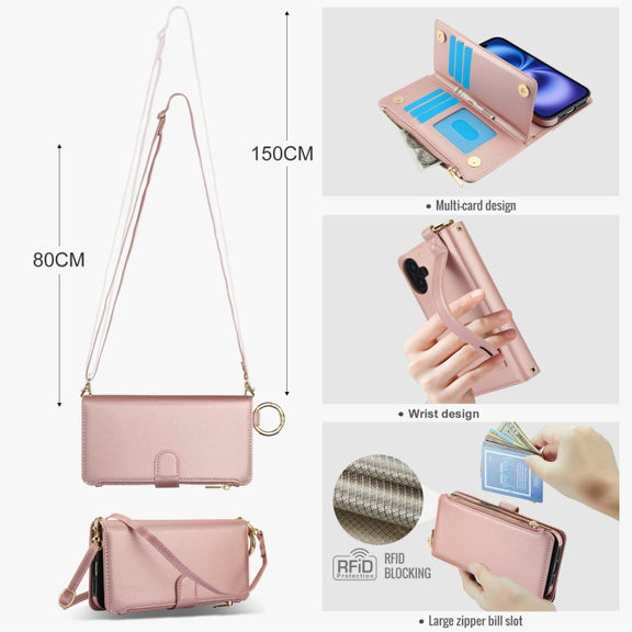 For iPhone 16 Crossbody Ring Multifunctional Wallet Leather Phone Case(Rose Gold)