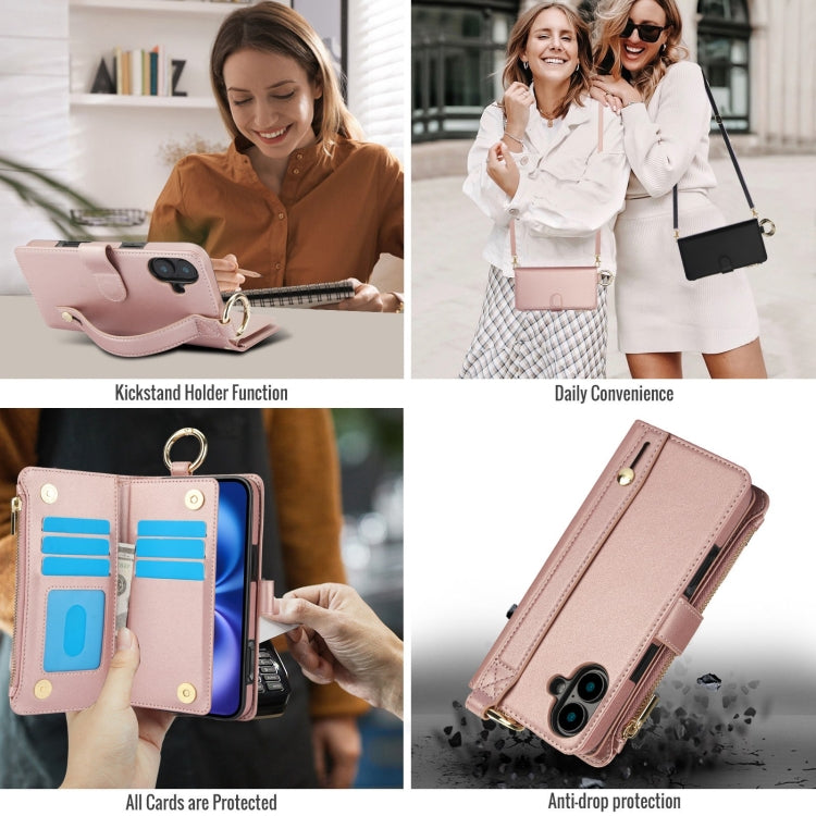 For iPhone 16 Crossbody Ring Multifunctional Wallet Leather Phone Case(Rose Gold)