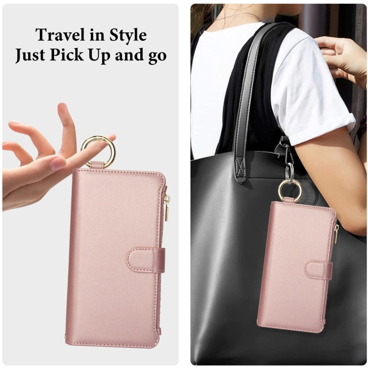 For iPhone 16 Crossbody Ring Multifunctional Wallet Leather Phone Case(Rose Gold)