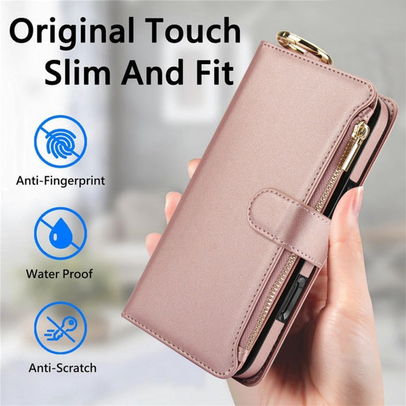 For iPhone 16 Crossbody Ring Multifunctional Wallet Leather Phone Case(Rose Gold)