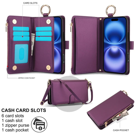 For iPhone 16 Crossbody Ring Multifunctional Wallet Leather Phone Case(Dark Purple)