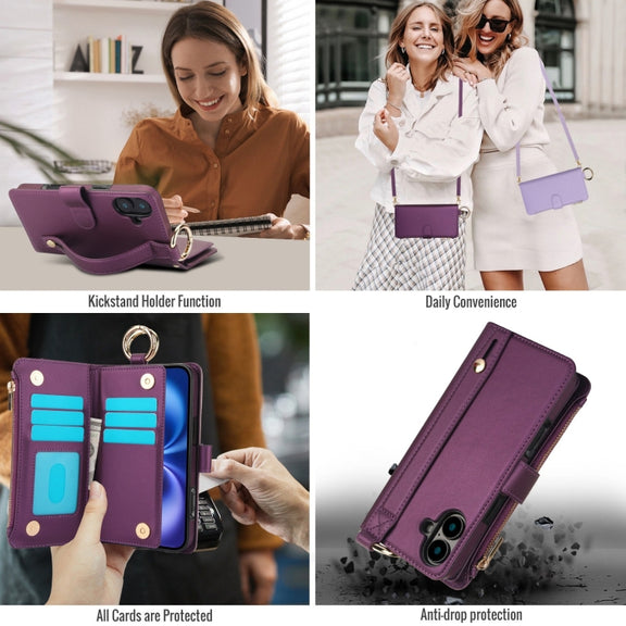 For iPhone 16 Crossbody Ring Multifunctional Wallet Leather Phone Case(Dark Purple)