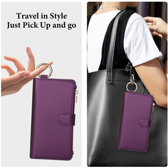 For iPhone 16 Crossbody Ring Multifunctional Wallet Leather Phone Case(Dark Purple)