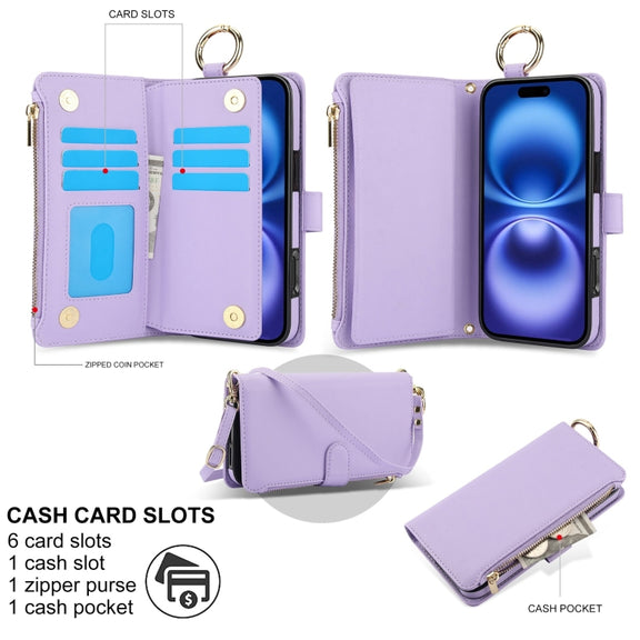 For iPhone 16 Crossbody Ring Multifunctional Wallet Leather Phone Case(Purple)