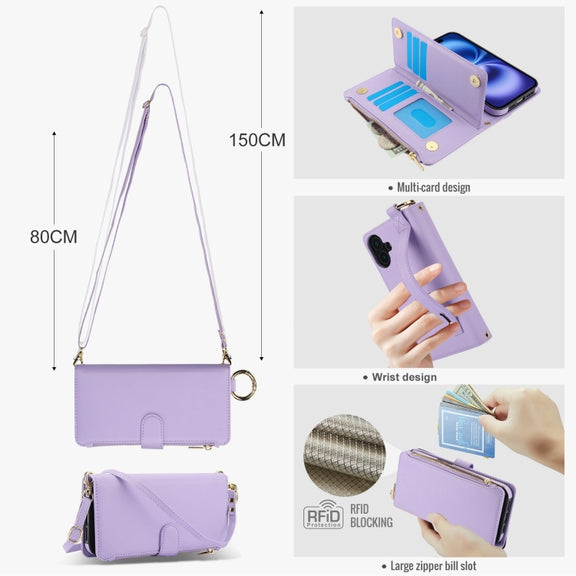 For iPhone 16 Crossbody Ring Multifunctional Wallet Leather Phone Case(Purple)