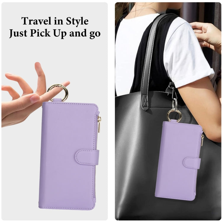 For iPhone 16 Crossbody Ring Multifunctional Wallet Leather Phone Case(Purple)