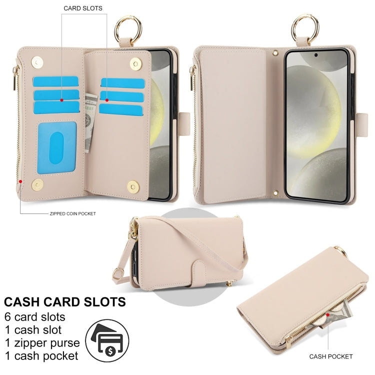 For Samsung Galaxy S24 5G Crossbody Ring Multifunctional Wallet Leather Phone Case(White)