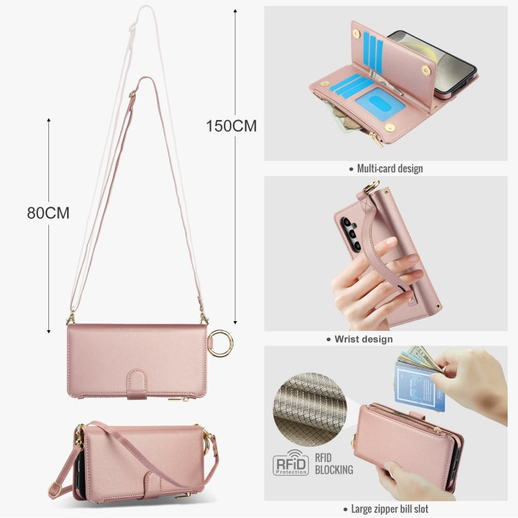 For Samsung Galaxy S24 5G Crossbody Ring Multifunctional Wallet Leather Phone Case(Rose Gold)