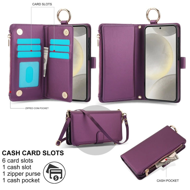For Samsung Galaxy S24 5G Crossbody Ring Multifunctional Wallet Leather Phone Case(Dark Purple)