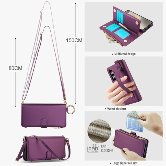 For Samsung Galaxy S24 5G Crossbody Ring Multifunctional Wallet Leather Phone Case(Dark Purple)