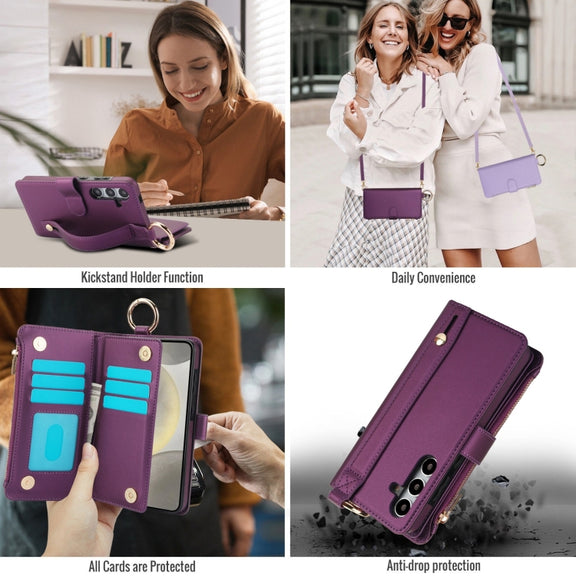For Samsung Galaxy S24 5G Crossbody Ring Multifunctional Wallet Leather Phone Case(Dark Purple)
