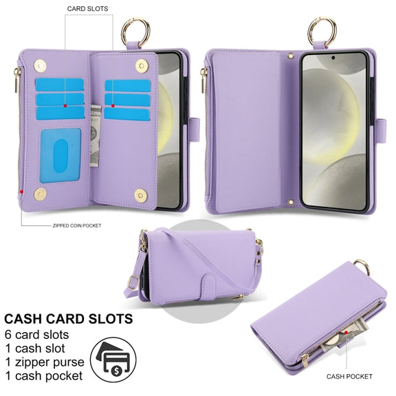 For Samsung Galaxy S24 5G Crossbody Ring Multifunctional Wallet Leather Phone Case(Purple)