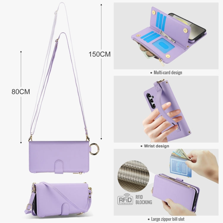 For Samsung Galaxy S24 5G Crossbody Ring Multifunctional Wallet Leather Phone Case(Purple)