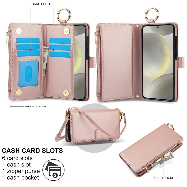 For Samsung Galaxy S24+ 5G Crossbody Ring Multifunctional Wallet Leather Phone Case(Rose Gold)