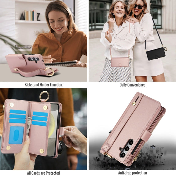 For Samsung Galaxy S24+ 5G Crossbody Ring Multifunctional Wallet Leather Phone Case(Rose Gold)