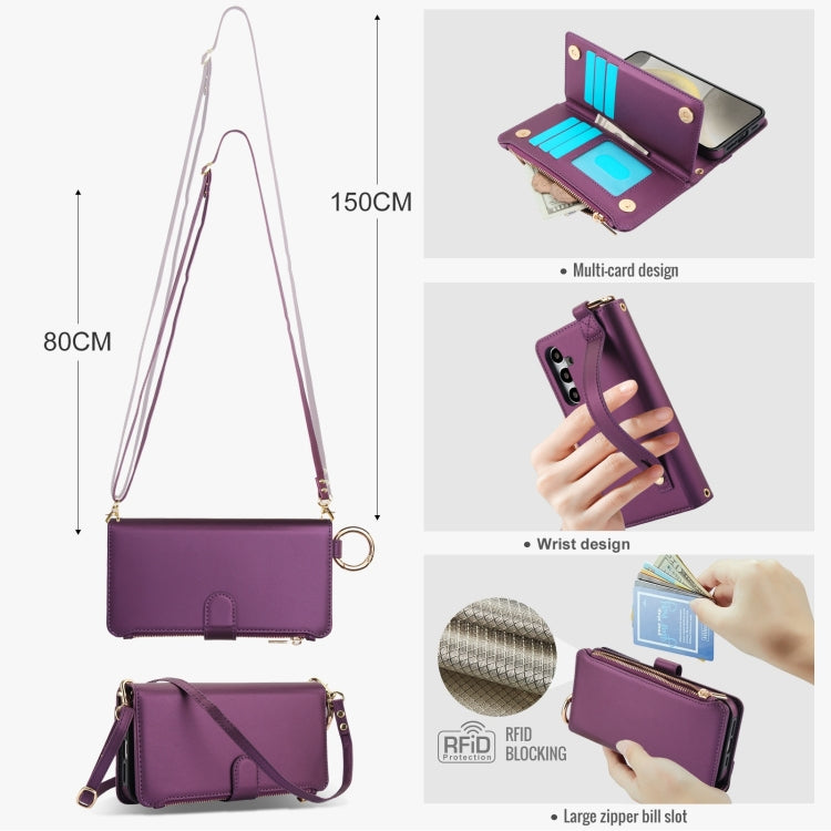 For Samsung Galaxy S24+ 5G Crossbody Ring Multifunctional Wallet Leather Phone Case(Dark Purple)