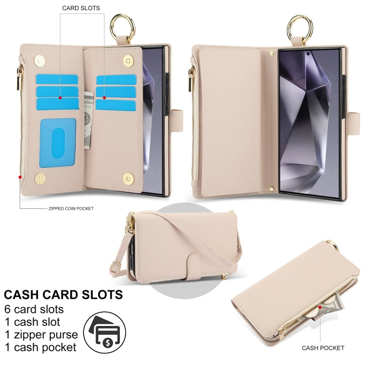 For Samsung Galaxy S24 Ultra 5G Crossbody Ring Multifunctional Wallet Leather Phone Case(White)
