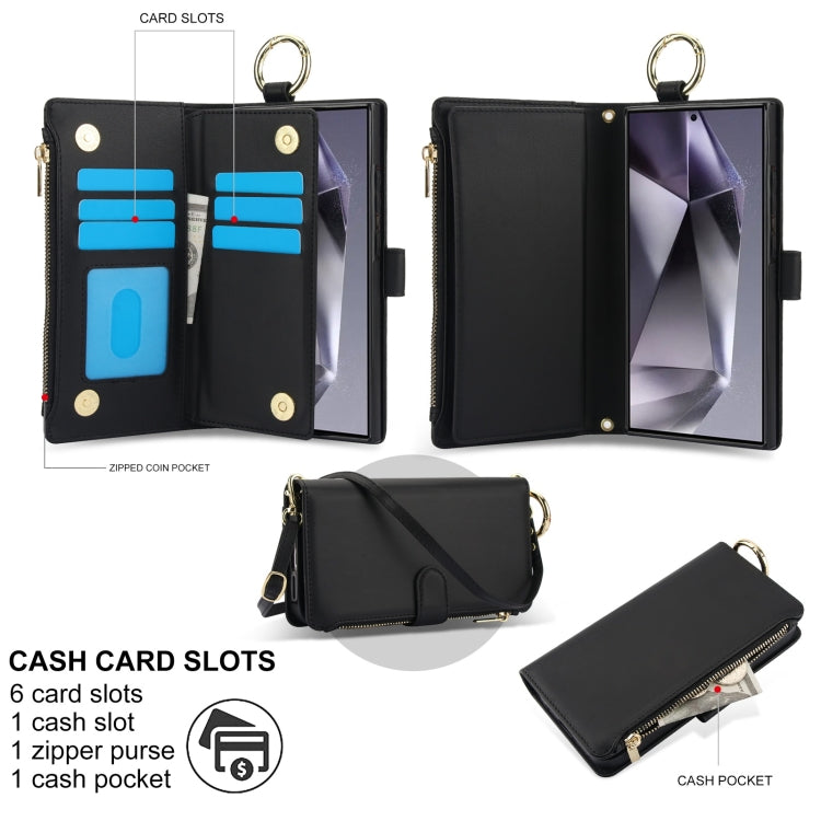 For Samsung Galaxy S24 Ultra 5G Crossbody Ring Multifunctional Wallet Leather Phone Case(Black)