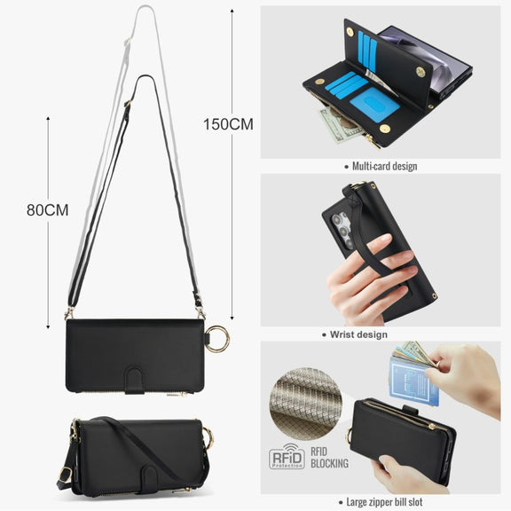 For Samsung Galaxy S24 Ultra 5G Crossbody Ring Multifunctional Wallet Leather Phone Case(Black)