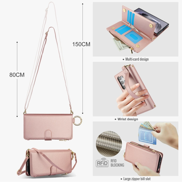 For Samsung Galaxy S24 Ultra 5G Crossbody Ring Multifunctional Wallet Leather Phone Case(Rose Gold)