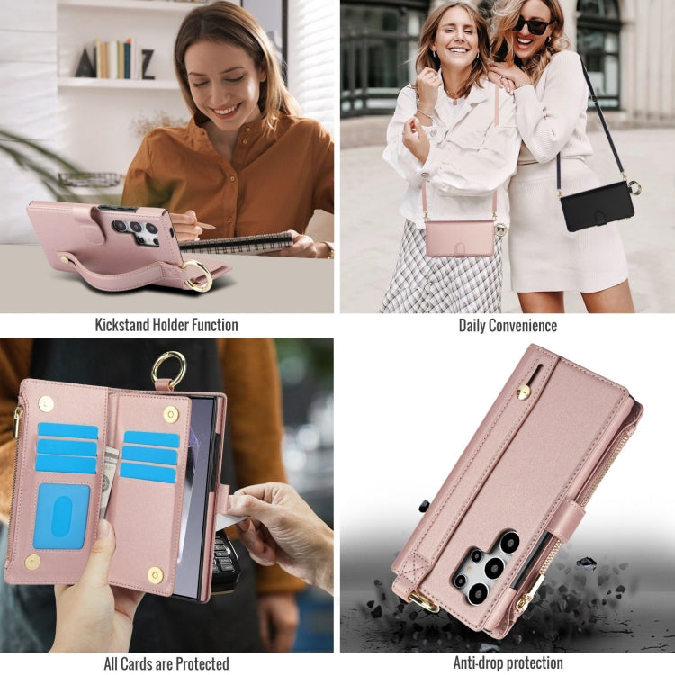 For Samsung Galaxy S24 Ultra 5G Crossbody Ring Multifunctional Wallet Leather Phone Case(Rose Gold)