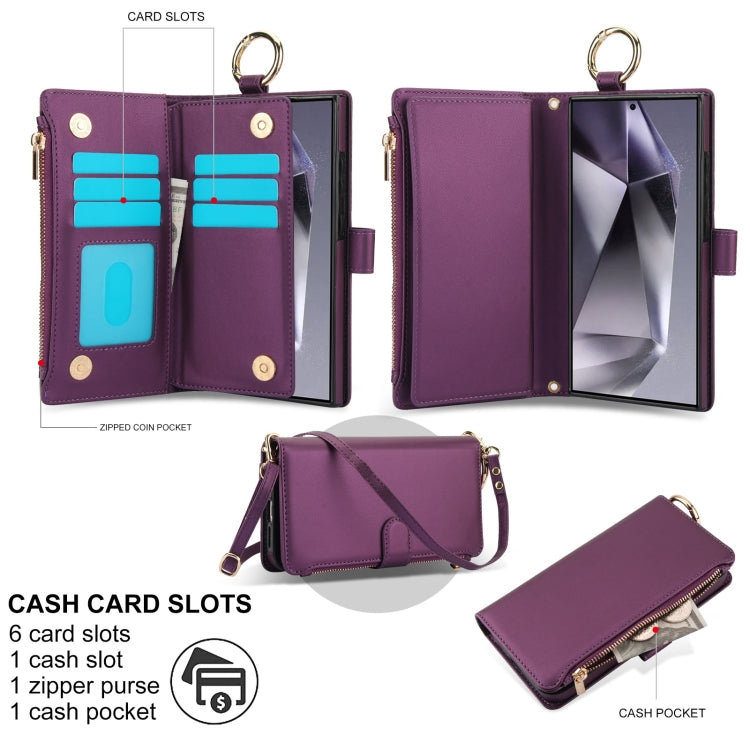 For Samsung Galaxy S24 Ultra 5G Crossbody Ring Multifunctional Wallet Leather Phone Case(Dark Purple)