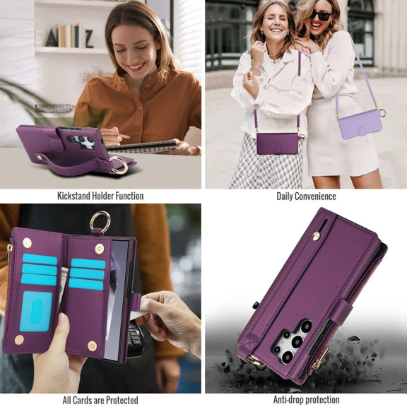 For Samsung Galaxy S24 Ultra 5G Crossbody Ring Multifunctional Wallet Leather Phone Case(Dark Purple)