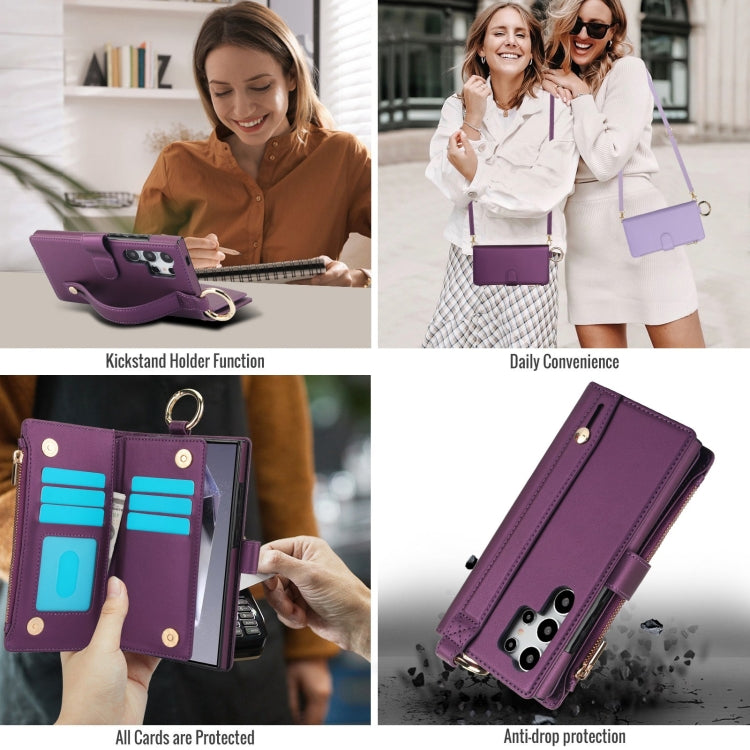 For Samsung Galaxy S24 Ultra 5G Crossbody Ring Multifunctional Wallet Leather Phone Case(Dark Purple)