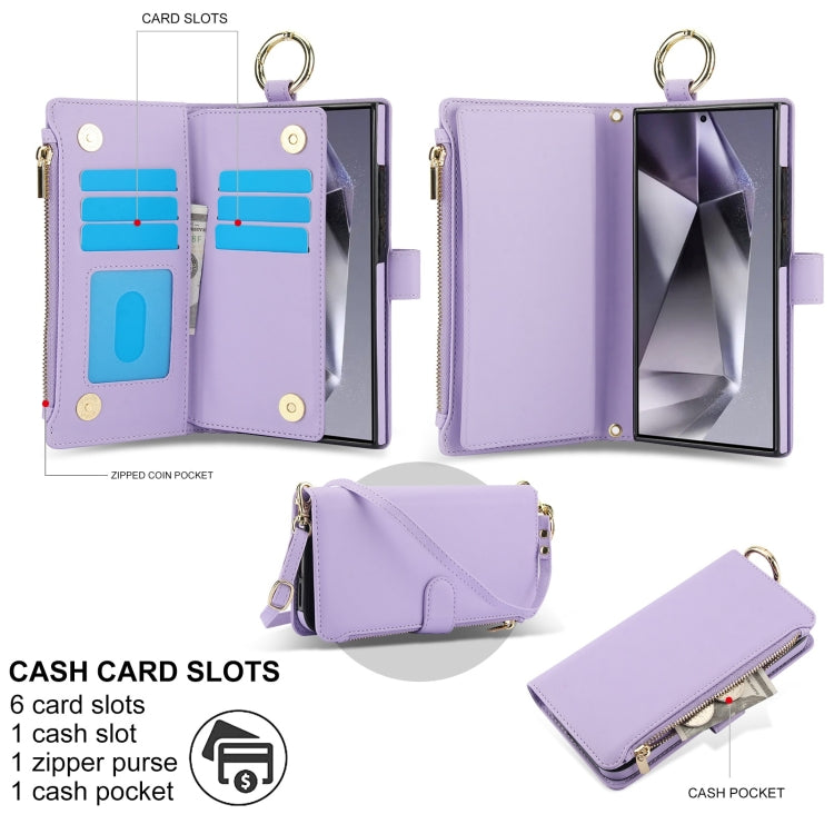 For Samsung Galaxy S24 Ultra 5G Crossbody Ring Multifunctional Wallet Leather Phone Case(Purple)