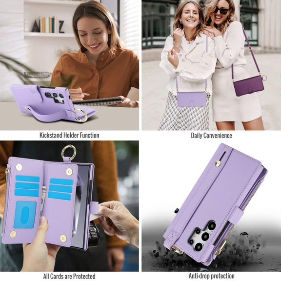 For Samsung Galaxy S24 Ultra 5G Crossbody Ring Multifunctional Wallet Leather Phone Case(Purple)