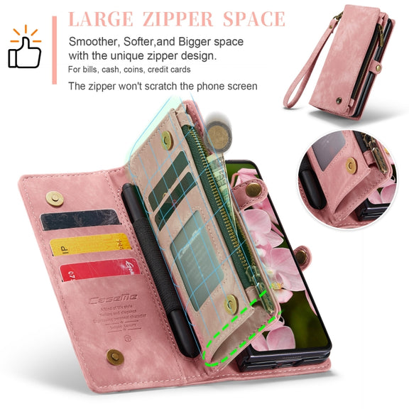 For Samsung Galaxy Z Fold6 5G CaseMe 008 Multifunctional Zipper Wallet Leather Phone Case with Lanyard(Pink)