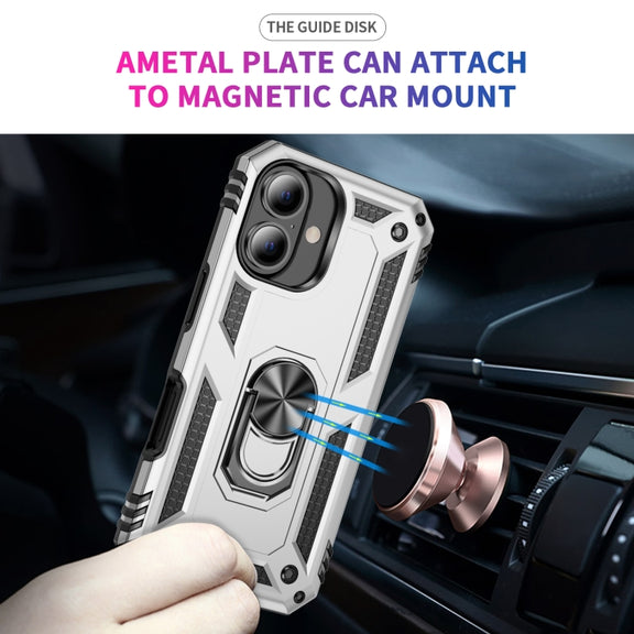 For iPhone 16 Shockproof TPU Hybrid PC Phone Case with Holder(Silver)