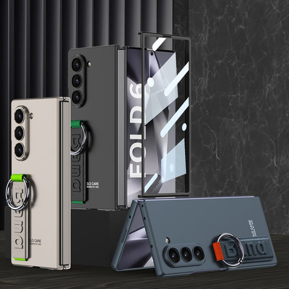 For Samsung Galaxy Z Fold6 GKK Integrated Big Hole Side Wrist Strap Ring Phone Case(Carbon Fibre Black)